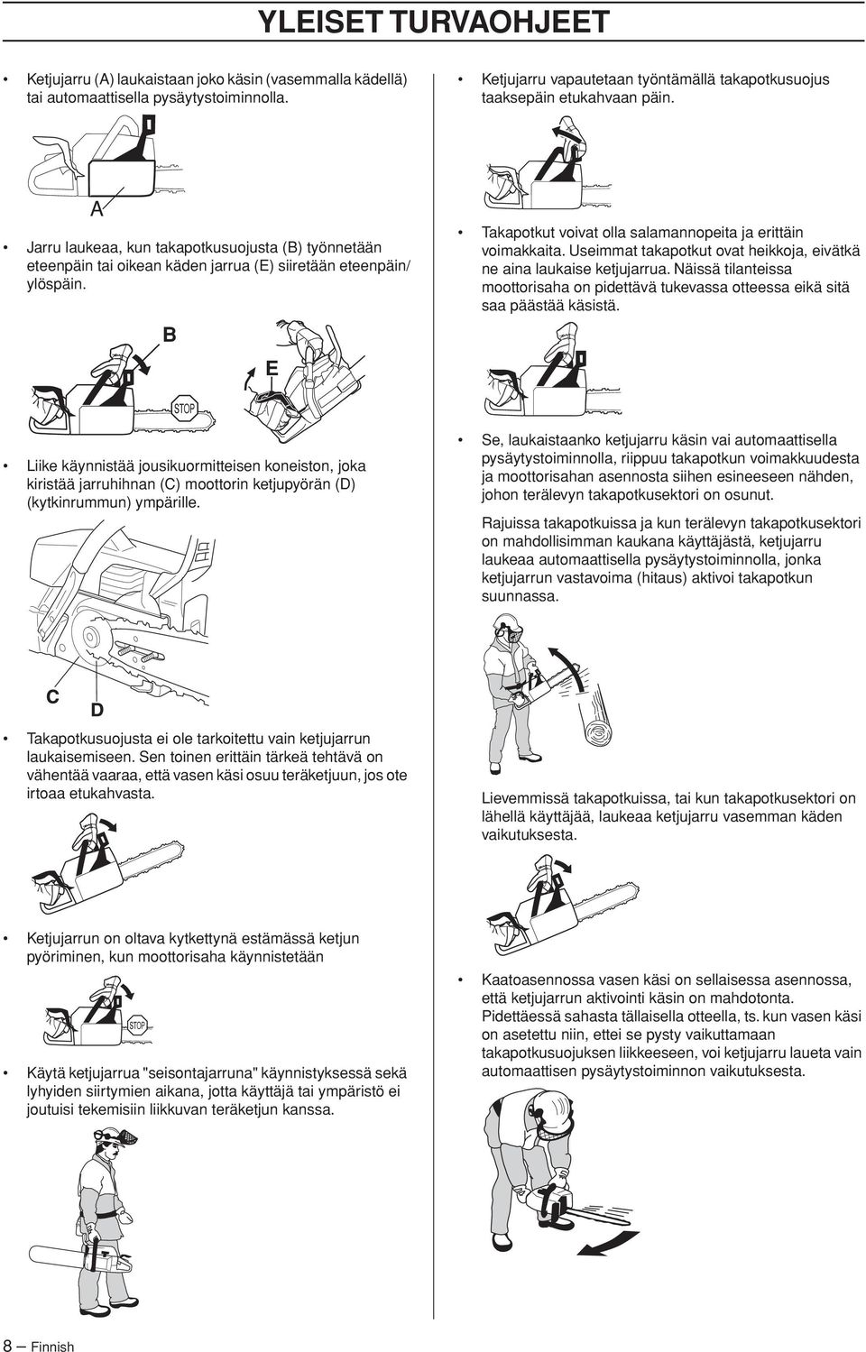 Useimmat takapotkut ovat heikkoja, eivätkä ne aina laukaise ketjujarrua. Näissä tilanteissa moottorisaha on pidettävä tukevassa otteessa eikä sitä saa päästää käsistä.