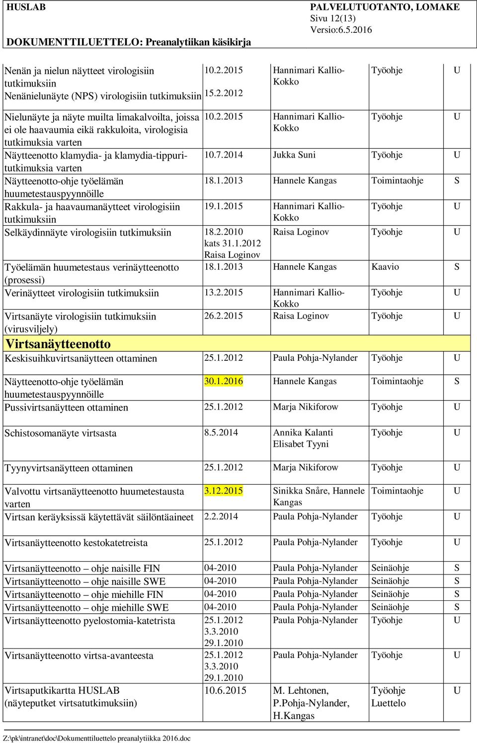 2015 tutkimuksiin Nenänielunäyte (NP) virologisiin tutkimuksiin 15.2.2012 Hannimari Kallio- Kokko Nielunäyte ja näyte muilta limakalvoilta, joissa ei ole haavaumia eikä rakkuloita, virologisia