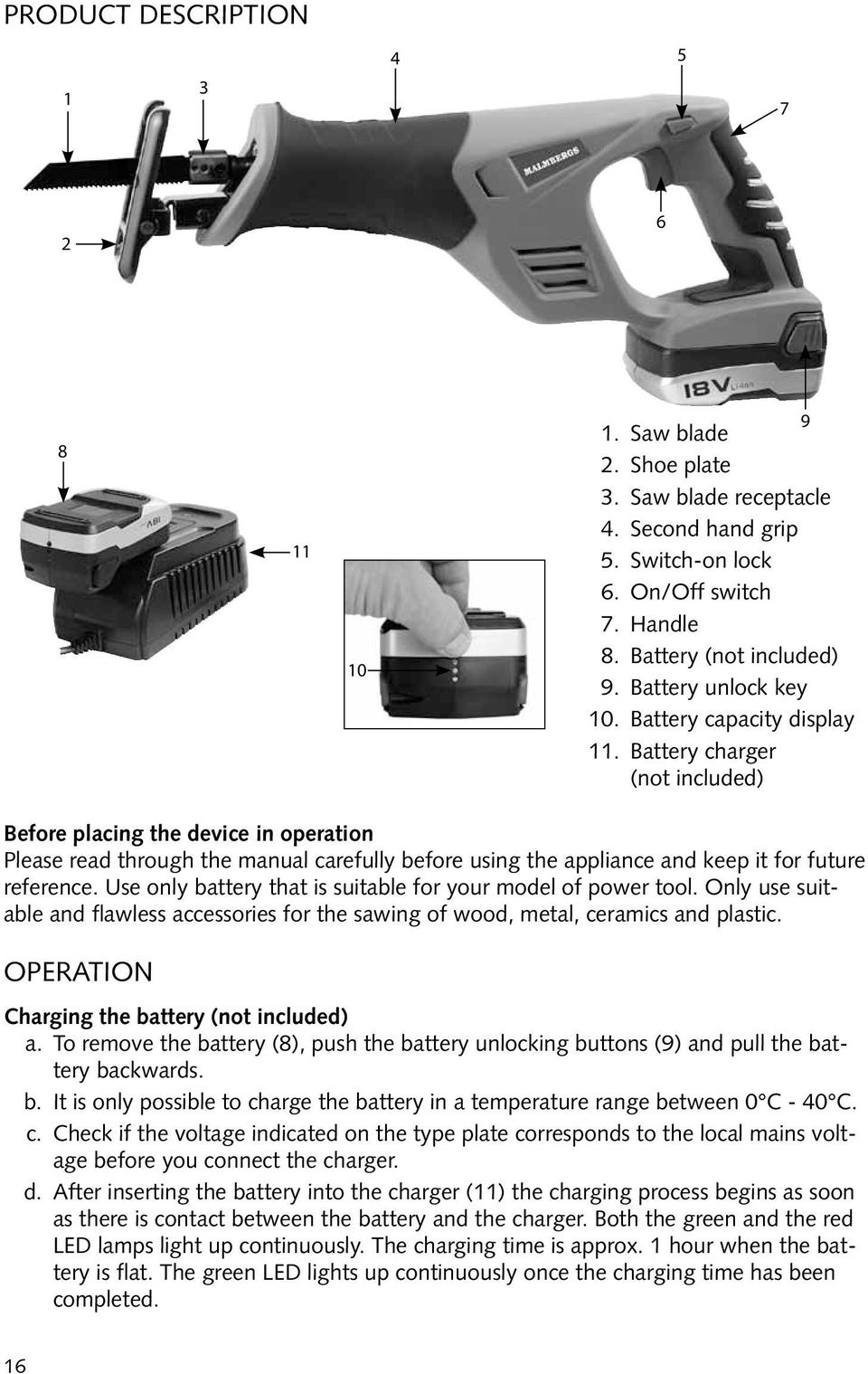 Battery charger (not included) Before placing the device in operation Please read through the manual carefully before using the appliance and keep it for future reference.