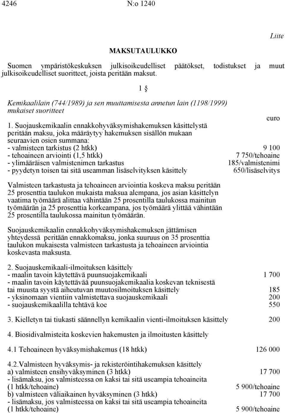 Suojauskemikaalin ennakkohyväksymishakemuksen käsittelystä peritään maksu, joka määräytyy hakemuksen sisällön mukaan seuraavien osien summana: - valmisteen tarkistus (2 htkk) 9 100 - tehoaineen