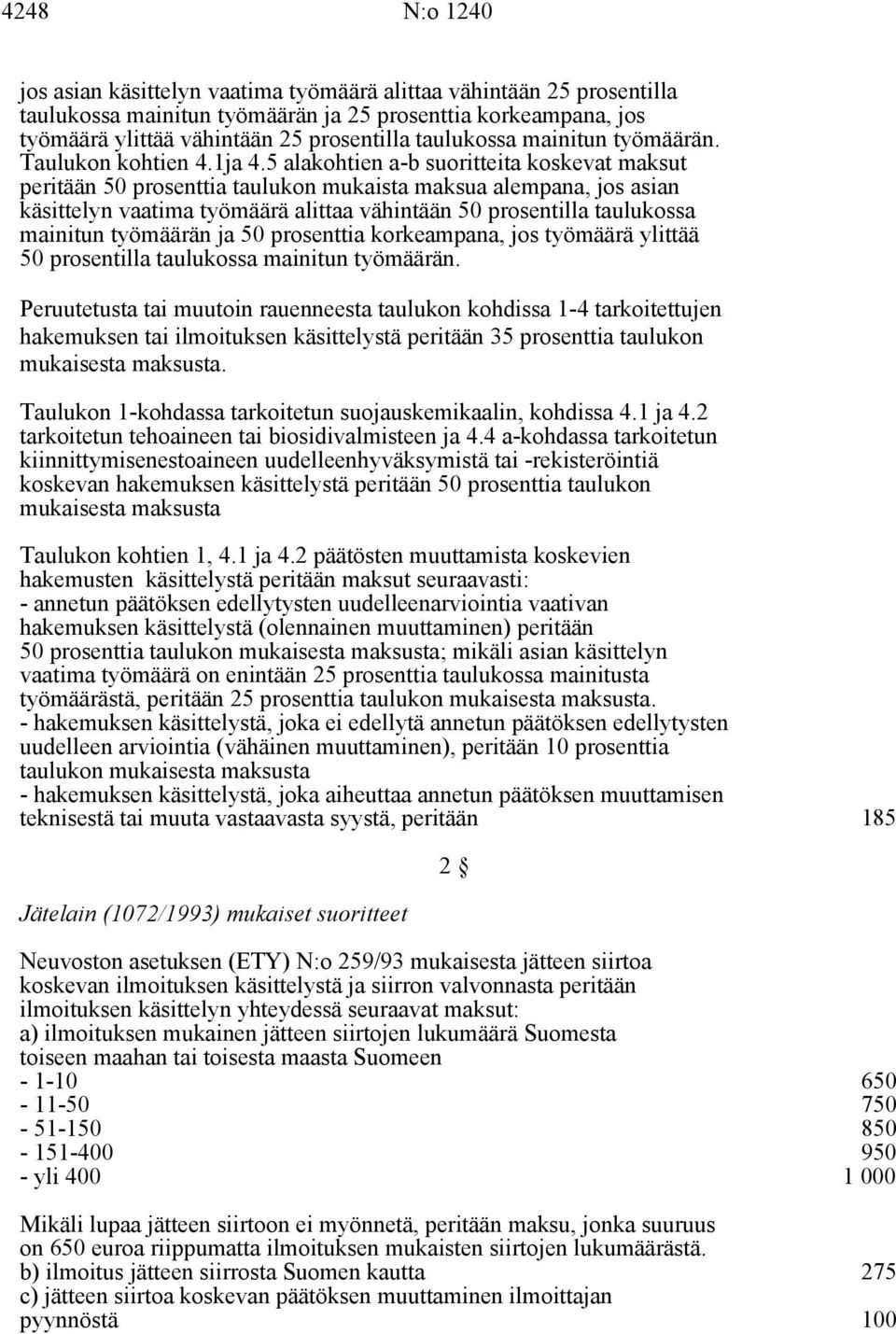 5 alakohtien a-b suoritteita koskevat maksut peritään 50 prosenttia taulukon mukaista maksua alempana, jos asian käsittelyn vaatima työmäärä alittaa vähintään 50 prosentilla taulukossa mainitun