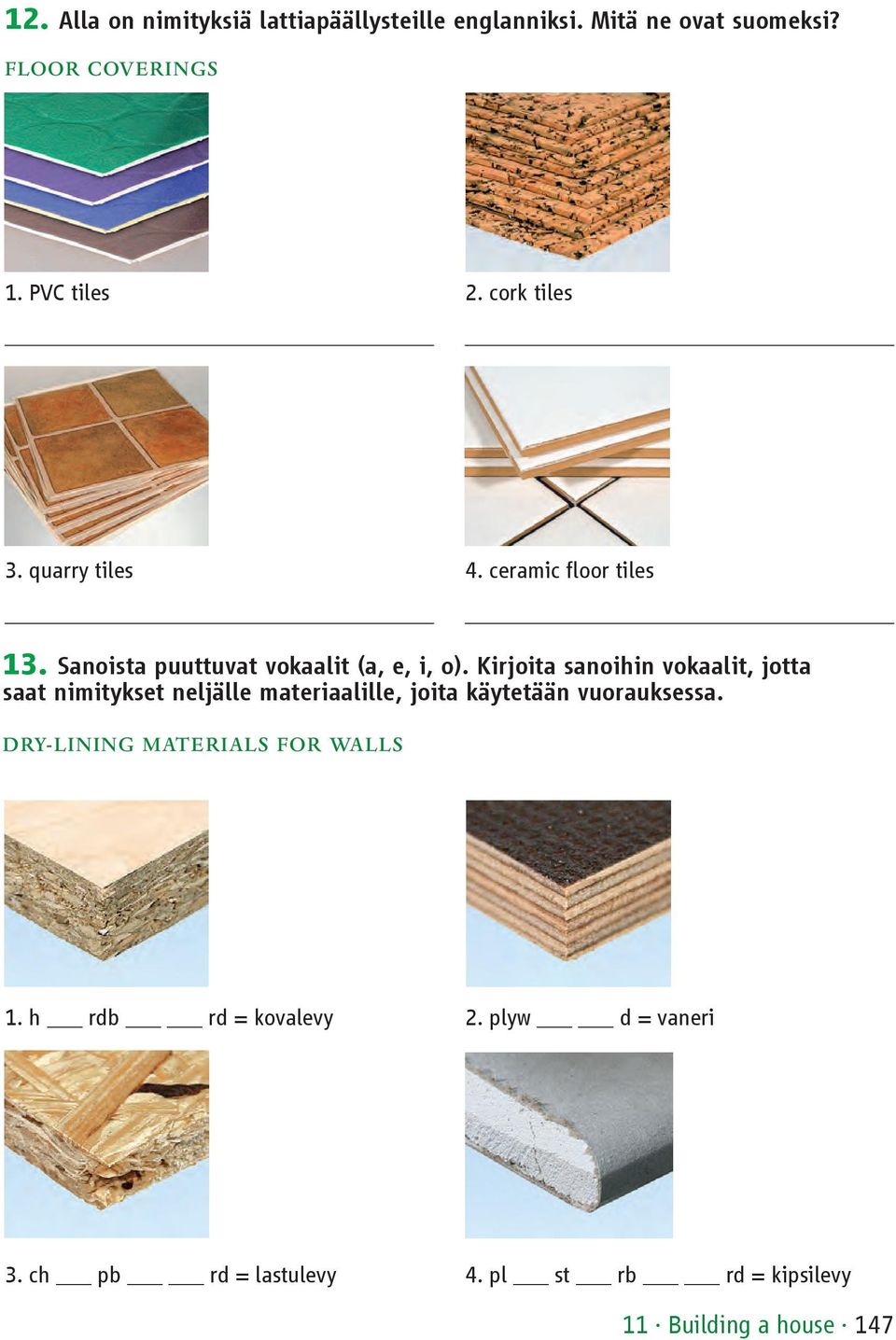 Kirjoita sanoihin vokaalit, jotta saat nimitykset neljälle materiaalille, joita käytetään vuorauksessa.