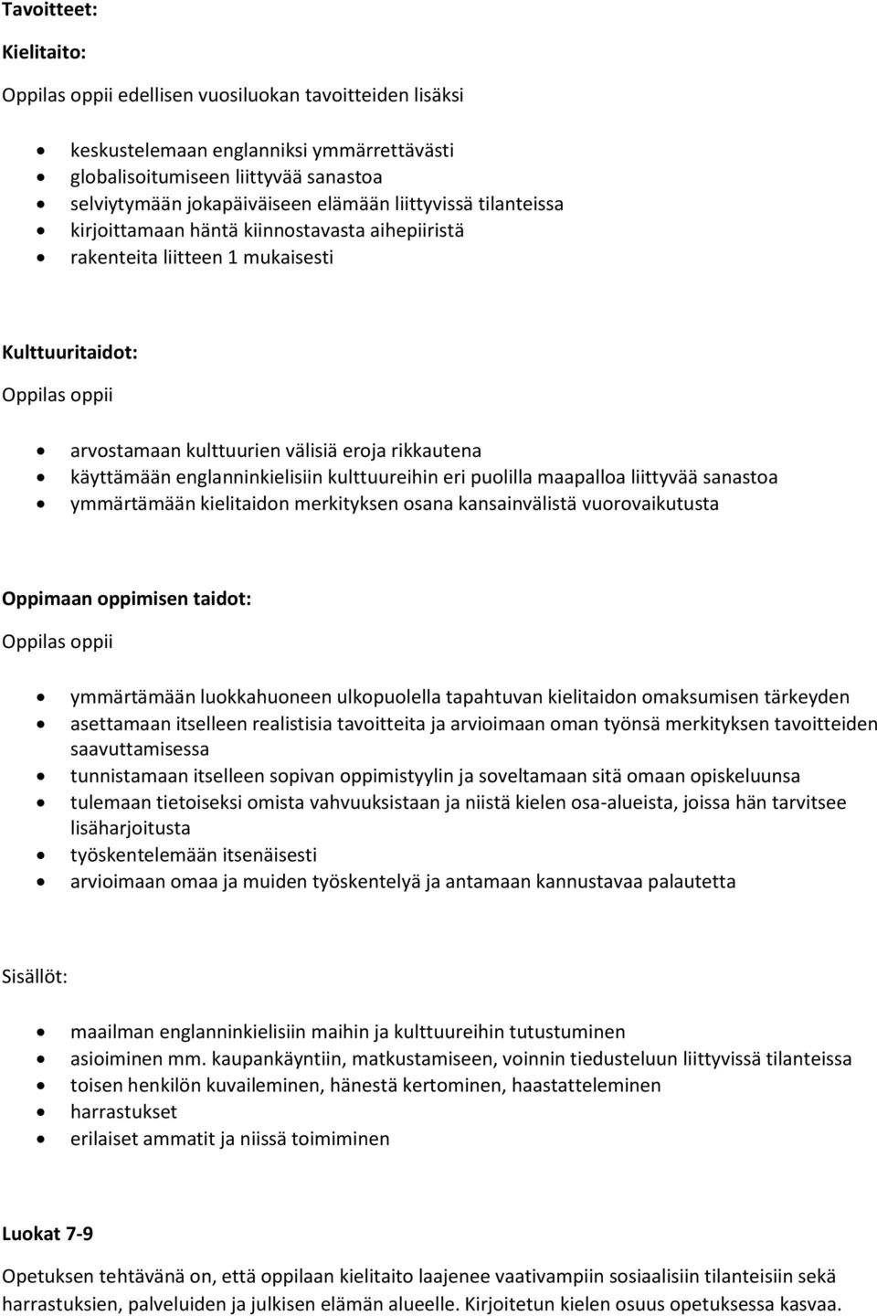 kulttuureihin eri puolilla maapalloa liittyvää sanastoa ymmärtämään kielitaidon merkityksen osana kansainvälistä vuorovaikutusta Oppimaan oppimisen taidot: ymmärtämään luokkahuoneen ulkopuolella