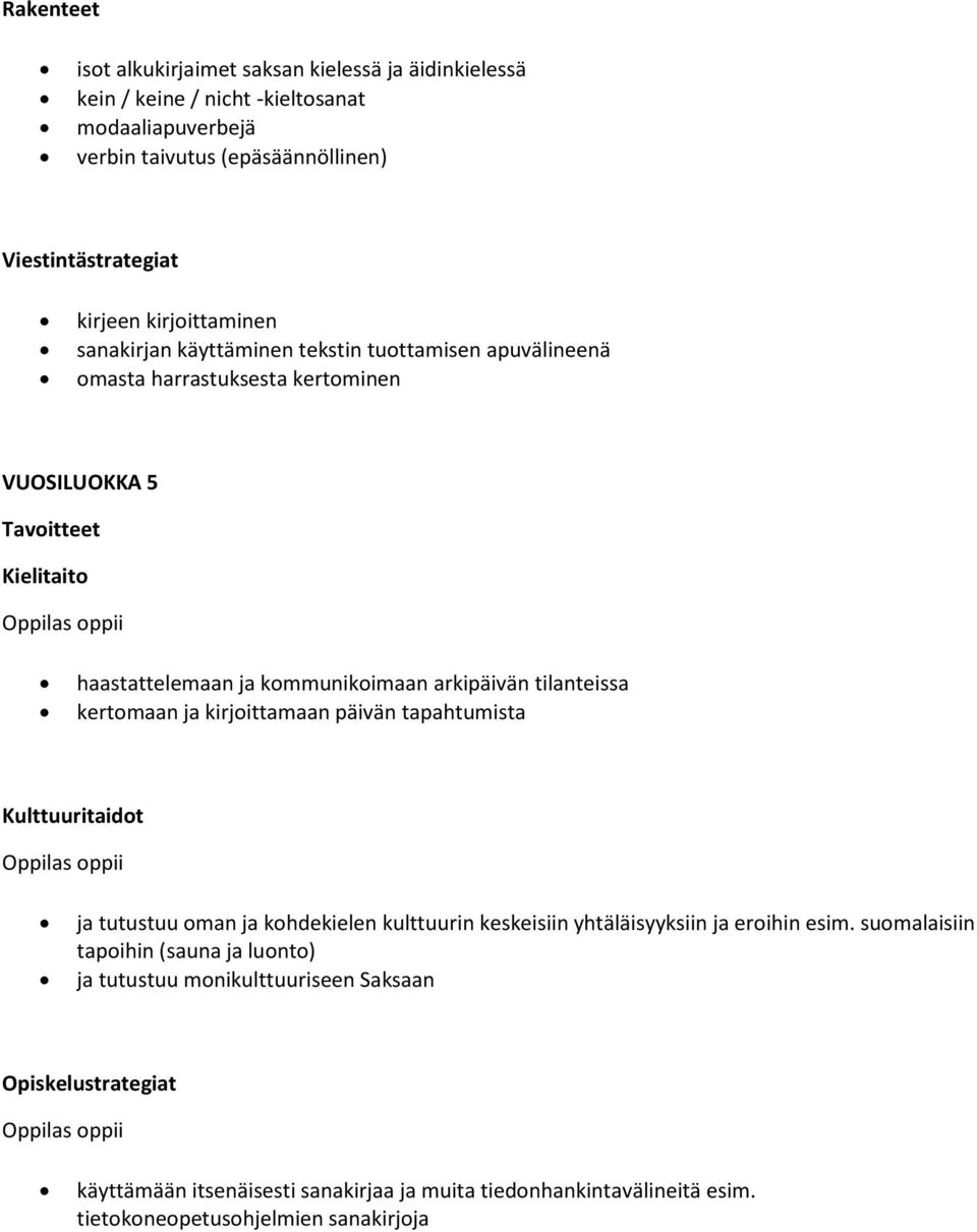 arkipäivän tilanteissa kertomaan ja kirjoittamaan päivän tapahtumista Kulttuuritaidot ja tutustuu oman ja kohdekielen kulttuurin keskeisiin yhtäläisyyksiin ja eroihin esim.