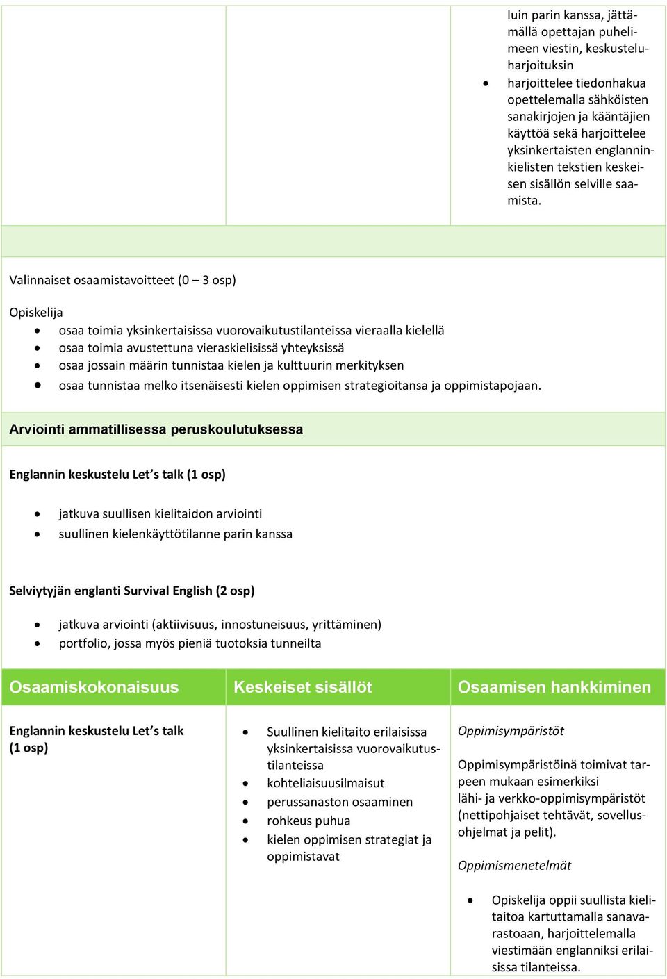 Valinnaiset osaamistavoitteet (0 3 osp) osaa toimia yksinkertaisissa vuorovaikutustilanteissa vieraalla kielellä osaa toimia avustettuna vieraskielisissä yhteyksissä osaa jossain määrin tunnistaa