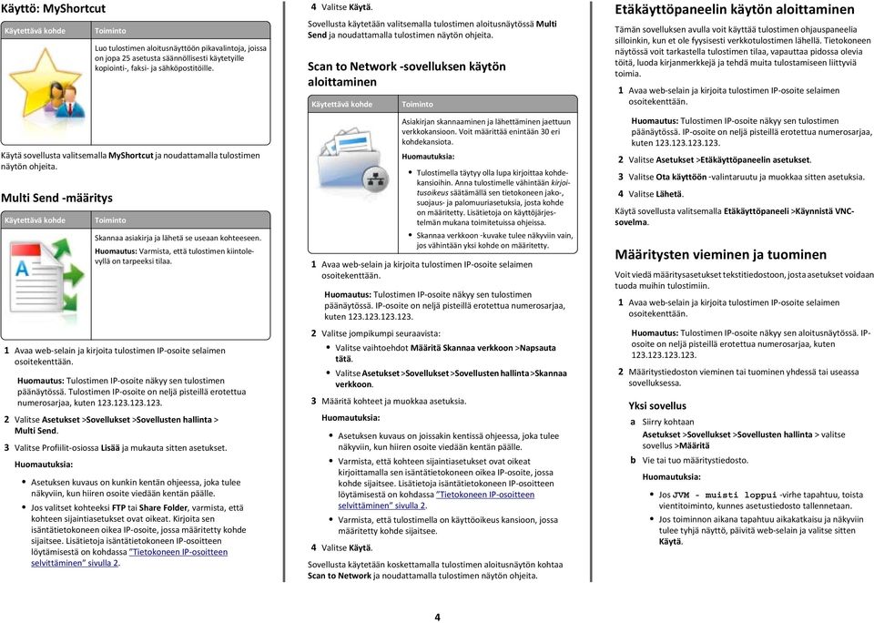 Huomautus: Varmista, että tulostimen kiintolevyllä on tarpeeksi tilaa. Huomautus: Tulostimen IP-osoite näkyy sen tulostimen päänäytössä.