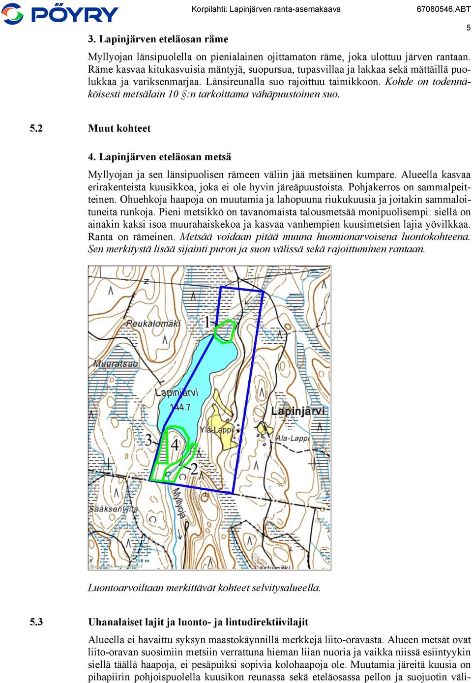 Kohde on todennäköisesti metsälain 10 :n tarkoittama vähäpuustoinen suo. 5 5.2 Muut kohteet 4. Lapinjärven eteläosan metsä Myllyojan ja sen länsipuolisen rämeen väliin jää metsäinen kumpare.