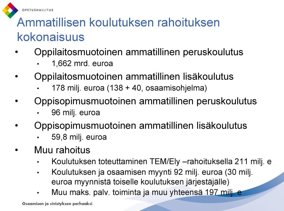 euroa (138 + 40, osaamisohjelma) Oppisopimusmuotoinen ammatillinen peruskoulutus 96 milj.