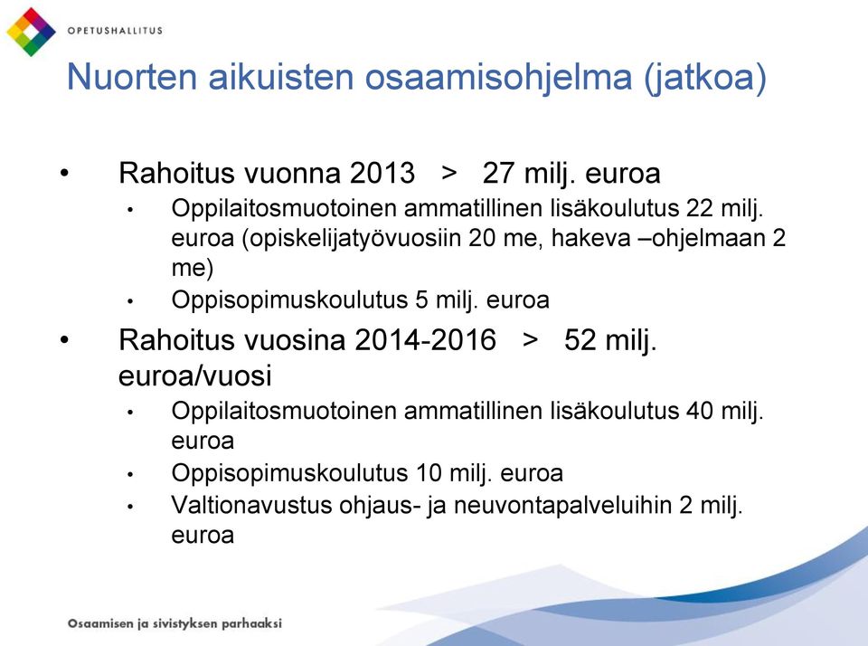 euroa (opiskelijatyövuosiin 20 me, hakeva ohjelmaan 2 me) Oppisopimuskoulutus 5 milj.