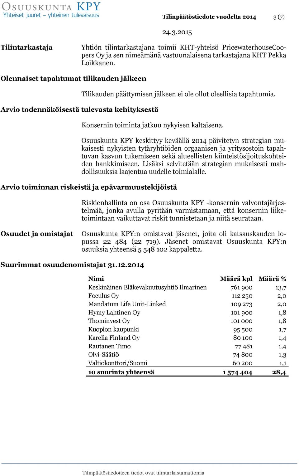 Osuuskunta KPY keskittyy keväällä 2014 päivitetyn strategian mukaisesti nykyisten tytäryhtiöiden orgaanisen ja yritysostoin tapahtuvan kasvun tukemiseen sekä alueellisten kiinteistösijoituskohteiden