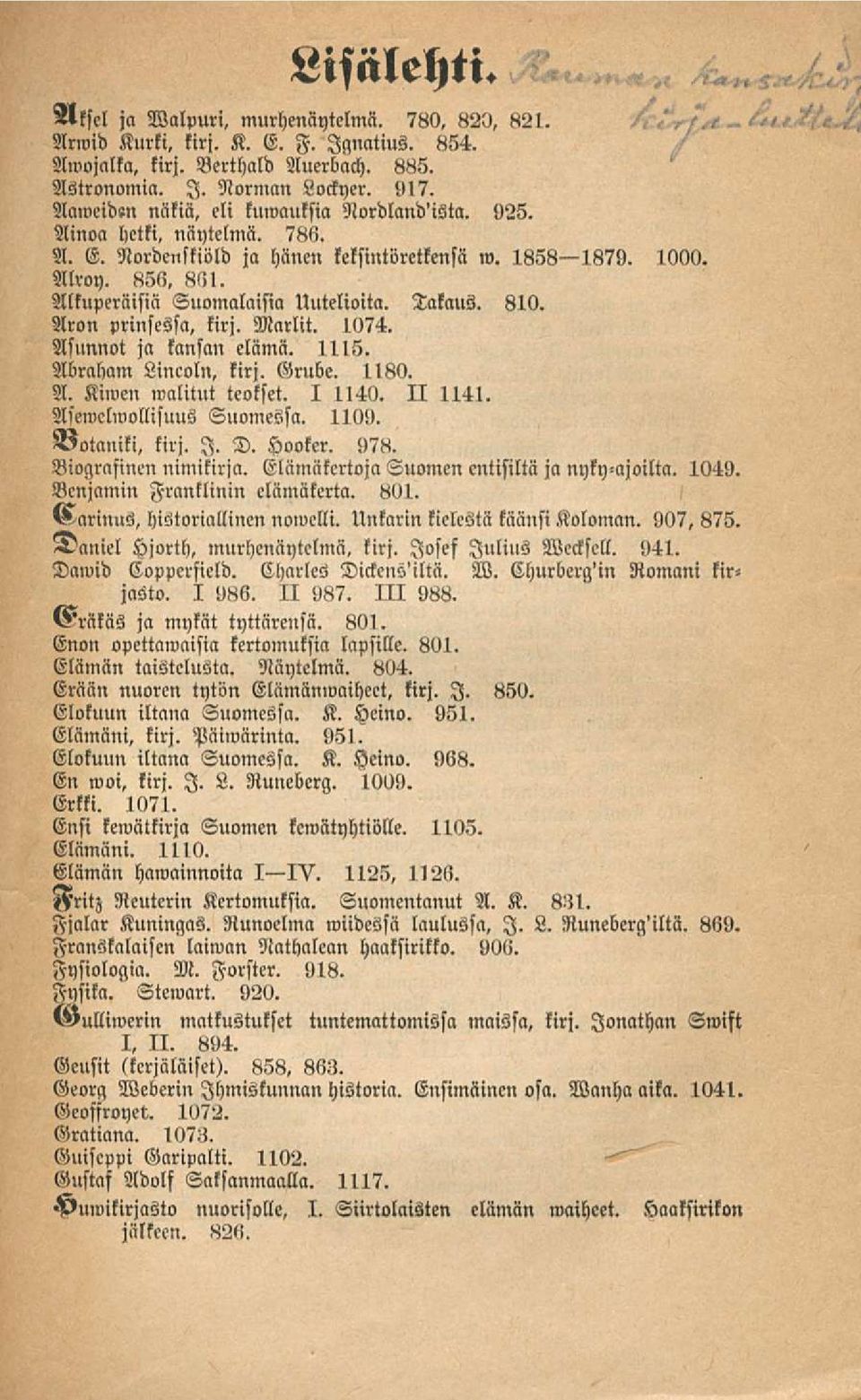 Takaus. 810. Aron prinsessa, kirj. Marlit. 1074. Asunnot ja kansan elämä. 1115. Abraham Lincoln, kirj. Grube. 1180. A. Kiwen walitut teokset. I 1140. II 1141. Asewclwollisuus Suomessa. 1109.