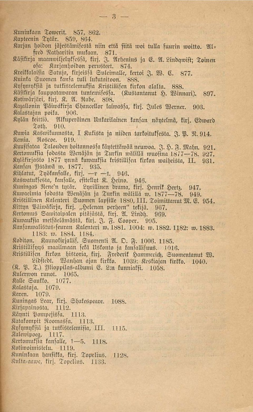Kysymyksiä ja tuttistelemuksia Kristillisen kirkon alalta. 888. Käsikirja kauppakamaran tuntemisessa. (Kustantanut tz. Winnari). BN7. Kutiwärjäri, kirj. K. A, Nnbe. 898.