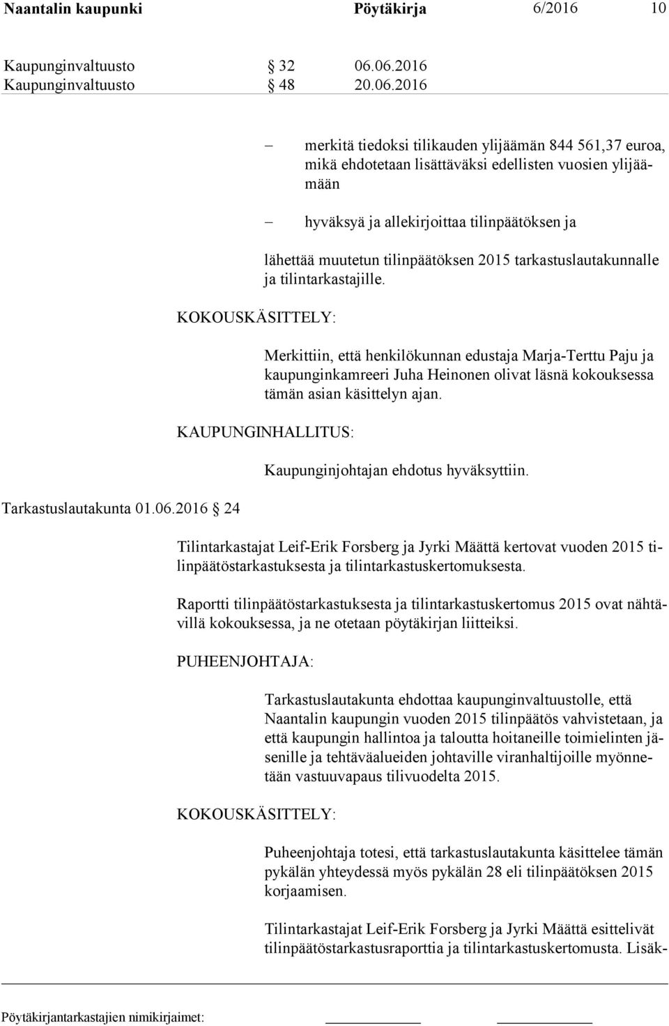 06.2016 24 KOKOUSKÄSITTELY: lähettää muutetun tilinpäätöksen 2015 tar kas tus lau ta kun nal le ja tilintarkastajille.