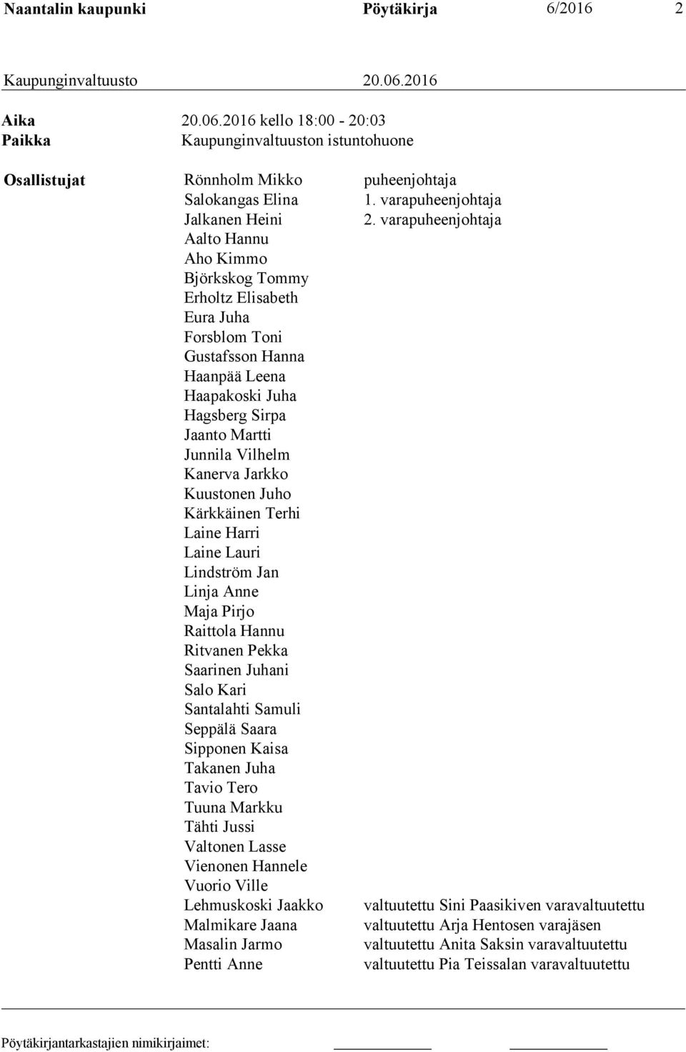 varapuheenjohtaja Aalto Hannu Aho Kimmo Björkskog Tommy Erholtz Elisabeth Eura Juha Forsblom Toni Gustafsson Hanna Haanpää Leena Haapakoski Juha Hagsberg Sirpa Jaanto Martti Junnila Vilhelm Kanerva