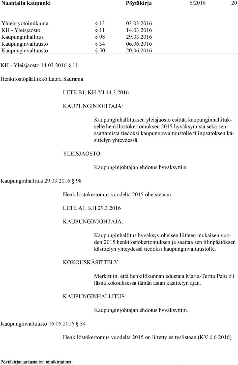 06.2016 34 Kaupunginhallituksen yleisjaosto esittää kau pun gin hal li tuksel le henkilöstökertomuksen 2015 hyväksymistä sekä sen saat ta mis ta tiedoksi kaupunginvaltuustolle tilinpäätöksen käsit te
