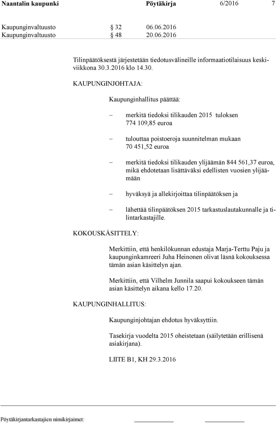 ylijäämän 844 561,37 euroa, mi kä eh do te taan lisättäväksi edellisten vuosien yli jäämään hyväksyä ja allekirjoittaa tilinpäätöksen ja lähettää tilinpäätöksen 2015 tarkastuslautakunnalle ja tilin