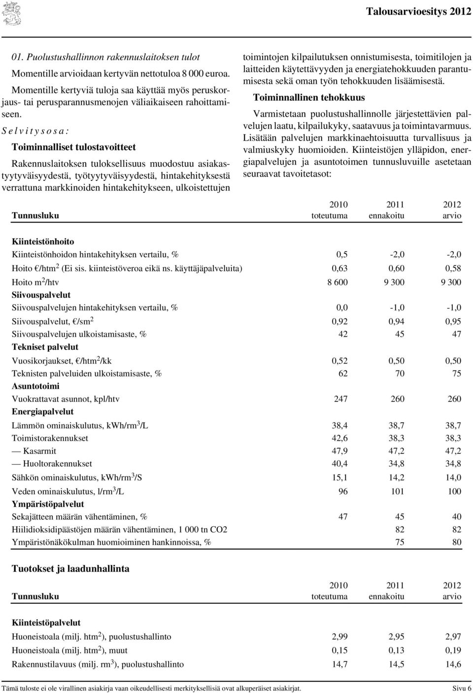 S e l v i t y s o s a : Toiminnalliset tulostavoitteet Rakennuslaitoksen tuloksellisuus muodostuu asiakastyytyväisyydestä, työtyytyväisyydestä, hintakehityksestä verrattuna markkinoiden