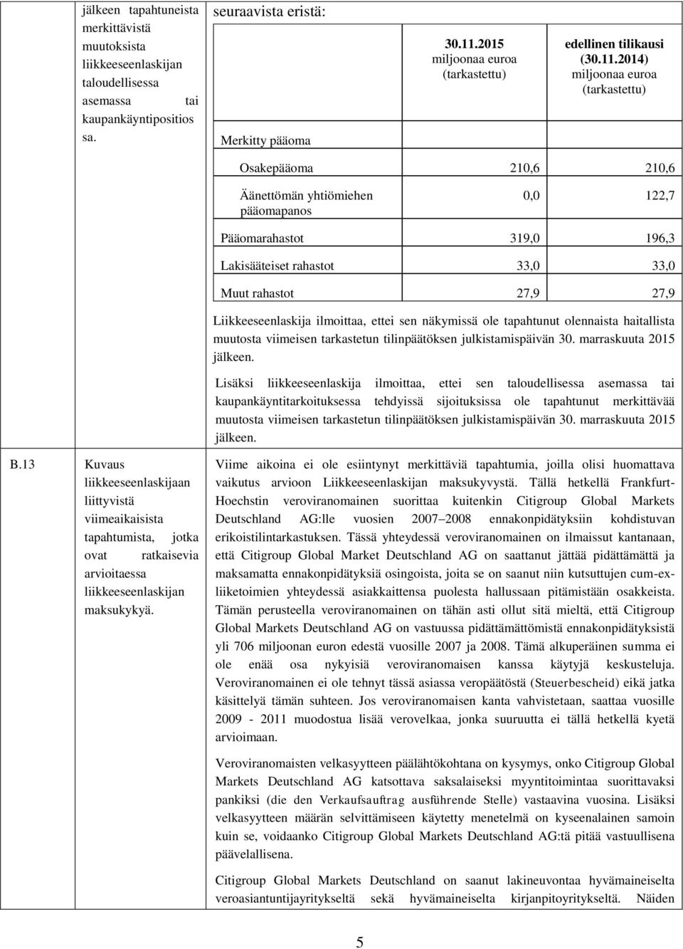 2014) miljoonaa euroa (tarkastettu) Osakepääoma 210,6 210,6 Äänettömän yhtiömiehen pääomapanos 0,0 122,7 Pääomarahastot 319,0 196,3 Lakisääteiset rahastot 33,0 33,0 Muut rahastot 27,9 27,9