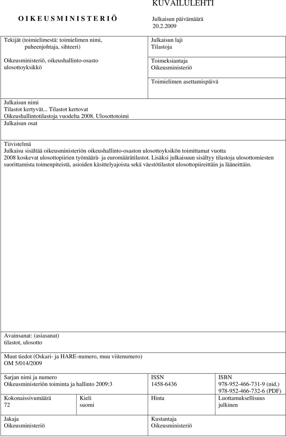 Ulosottotoimi Julkaisun osat Tiivistelmä Julkaisu sisältää oikeusministeriön oikeushallinto-osaston ulosottoyksikön toimittamat vuotta 2008 koskevat ulosottopiirien työmäärä- ja euromäärätilastot.