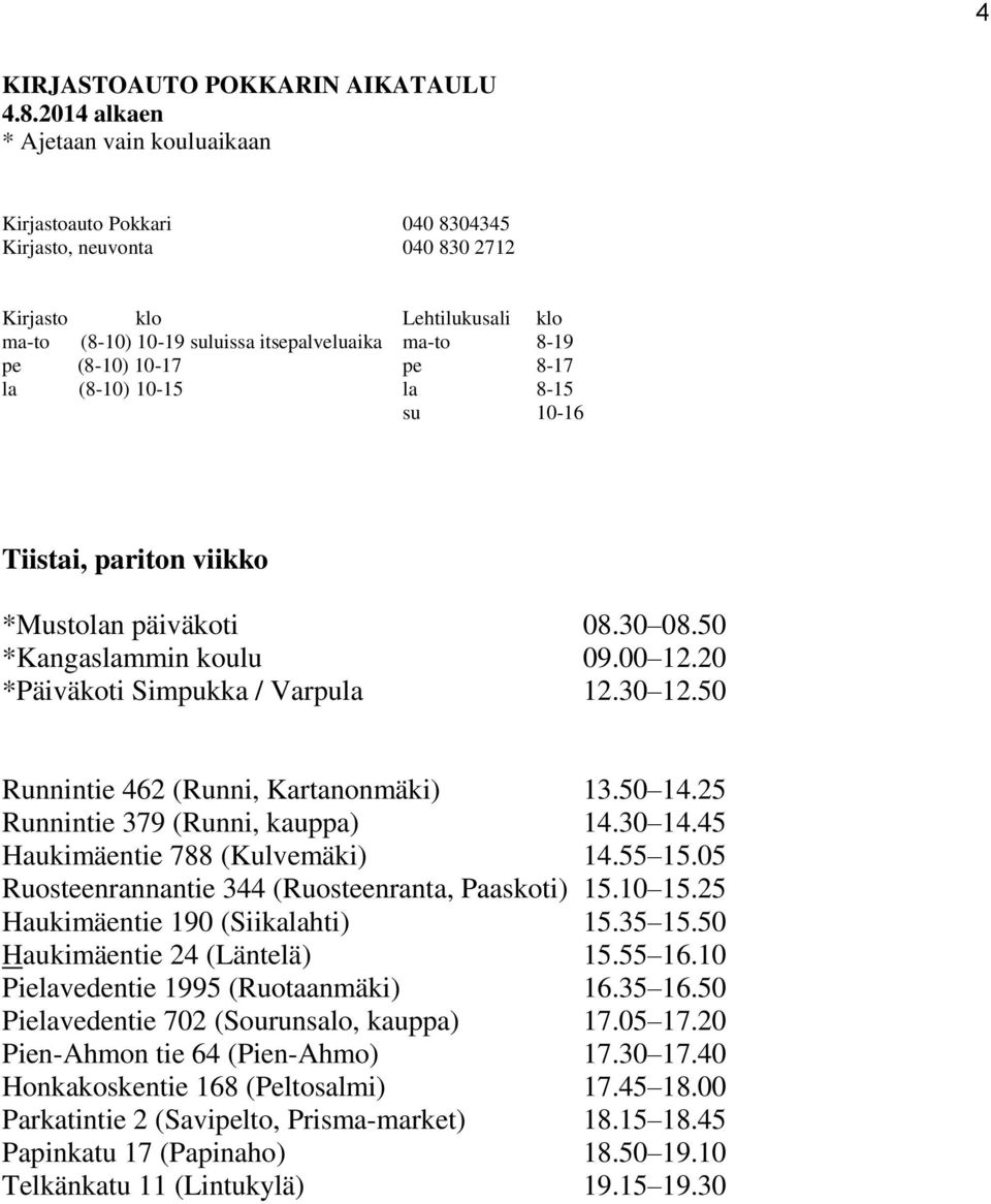 25 Haukimäentie 190 (Siikalahti) 15.35 15.50 Haukimäentie 24 (Läntelä) 15.55 16.10 Pielavedentie 1995 (Ruotaanmäki) 16.35 16.50 Pielavedentie 702 (Sourunsalo, kauppa) 17.05 17.