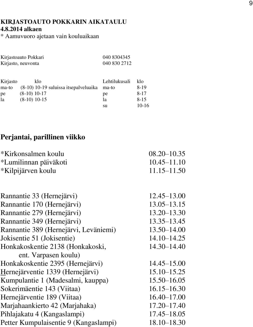 10 14.25 Honkakoskentie 2138 (Honkakoski, 14.30 14.40 ent. Varpasen koulu) Honkakoskentie 2395 (Hernejärvi) 14.45 15.00 Hernejärventie 1339 (Hernejärvi) 15.10 15.