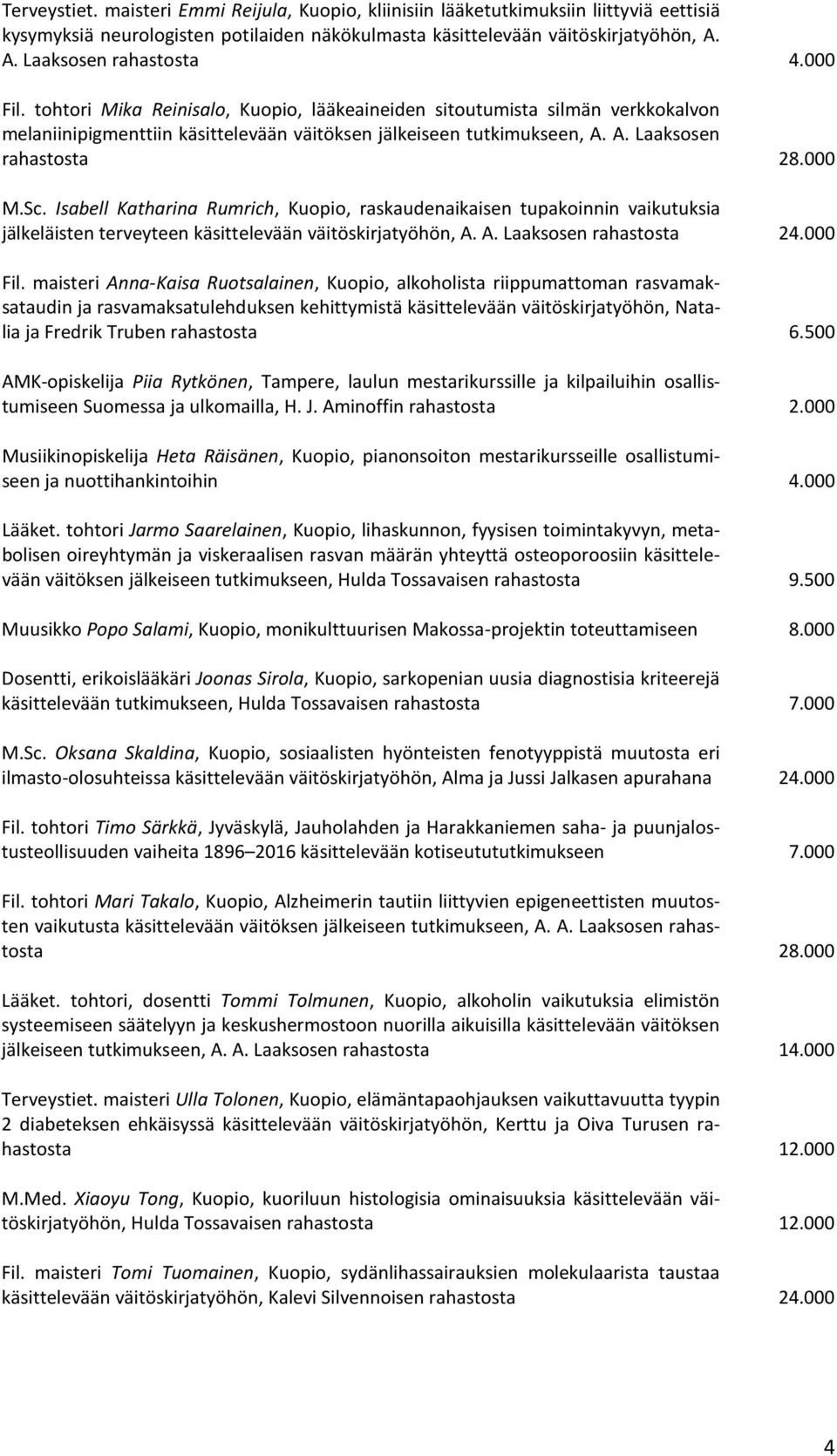 Isabell Katharina Rumrich, Kuopio, raskaudenaikaisen tupakoinnin vaikutuksia jälkeläisten terveyteen käsittelevään väitöskirjatyöhön, A. A. Laaksosen rahastosta 24.000 Fil.