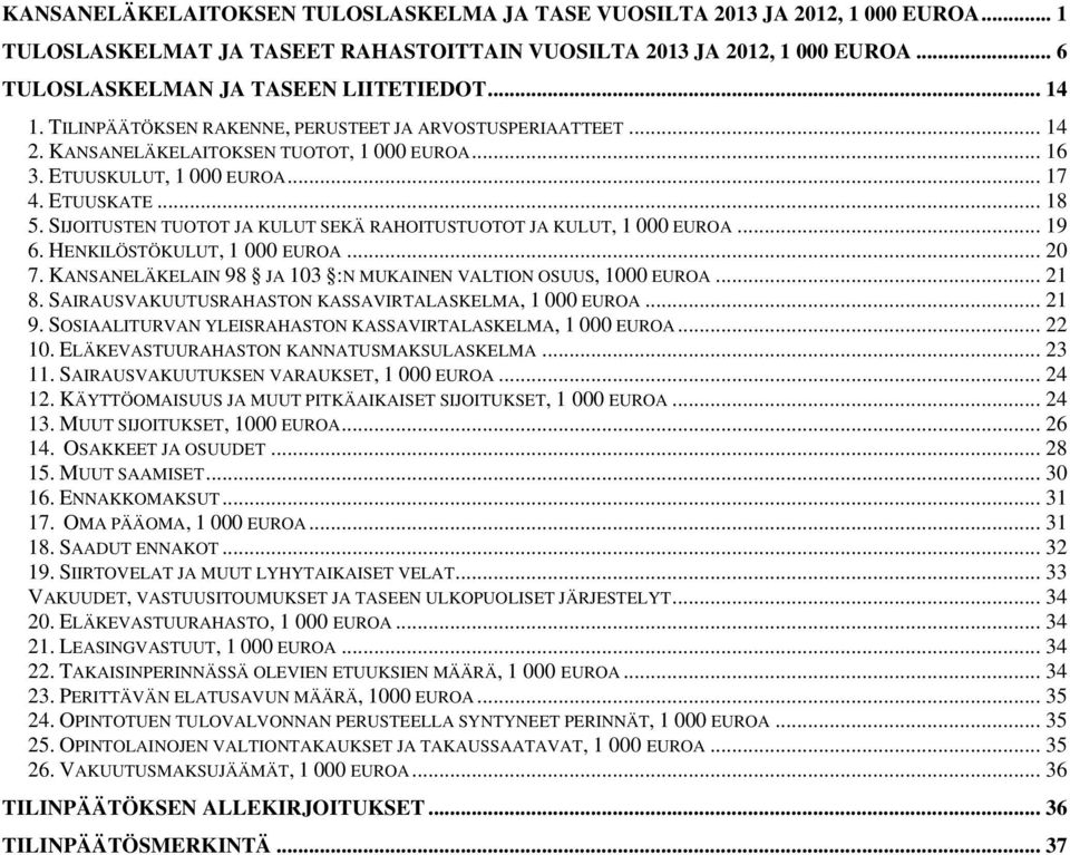 SIJOITUSTEN TUOTOT JA KULUT SEKÄ RAHOITUSTUOTOT JA KULUT, 1 000 EUROA... 19 6. HENKILÖSTÖKULUT, 1 000 EUROA... 20 7. KANSANELÄKELAIN 98 JA 103 :N MUKAINEN VALTION OSUUS, 1000 EUROA... 21 8.