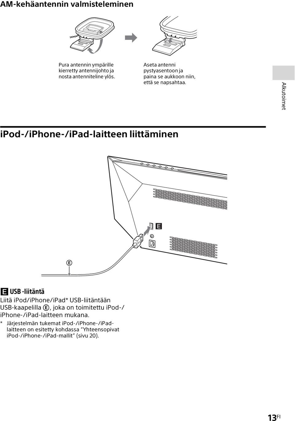 Alkutoimet ipod-/iphone-/ipad-laitteen liittäminen USB -liitäntä Liitä ipod/iphone/ipad* USB-liitäntään USB-kaapelilla,