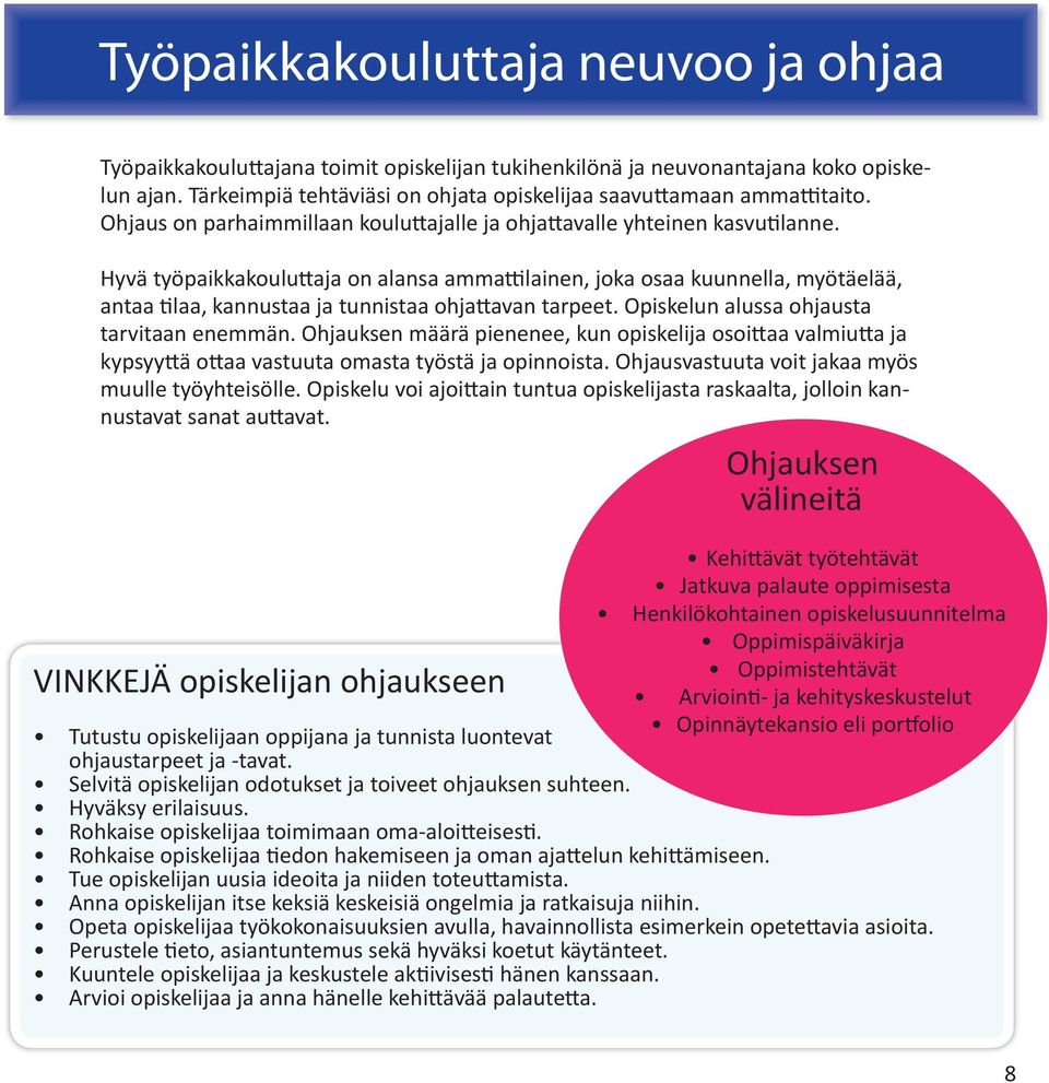 Hyvä työpaikkakoulu aja on alansa amma lainen, joka osaa kuunnella, myötäelää, antaa laa, kannustaa ja tunnistaa ohja avan tarpeet. Opiskelun alussa ohjausta tarvitaan enemmän.