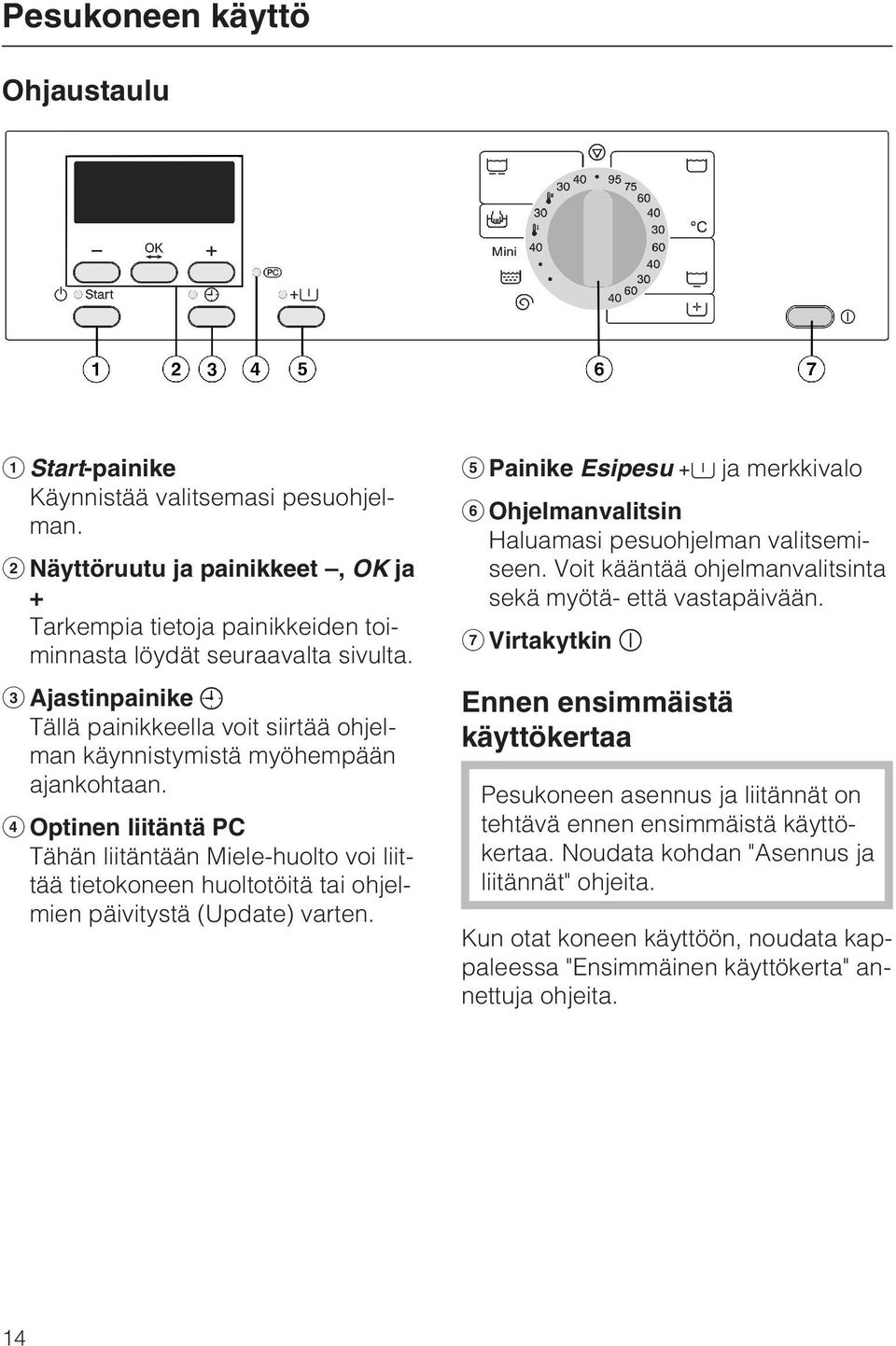 Optinen liitäntä PC Tähän liitäntään Miele-huolto voi liittää tietokoneen huoltotöitä tai ohjelmien päivitystä (Update) varten.