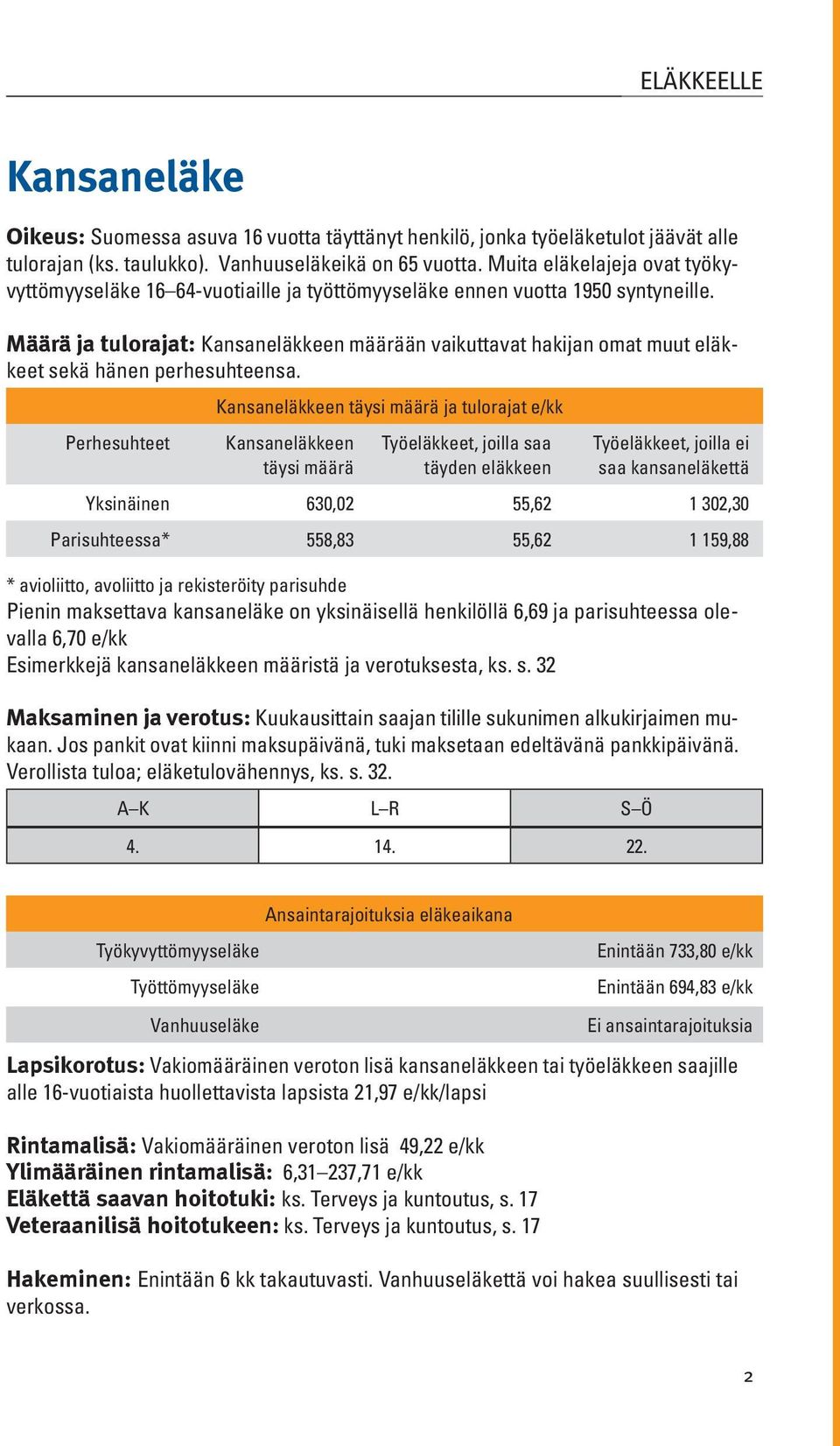 Määrä ja tulorajat: Kansaneläkkeen määrään vaikuttavat hakijan omat muut eläkkeet sekä hänen perhesuhteensa.