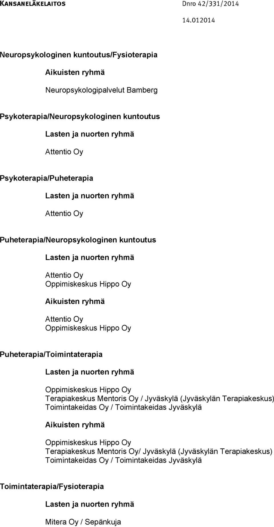 Puheterapia/Neuropsykologinen kuntoutus Puheterapia/Toimintaterapia