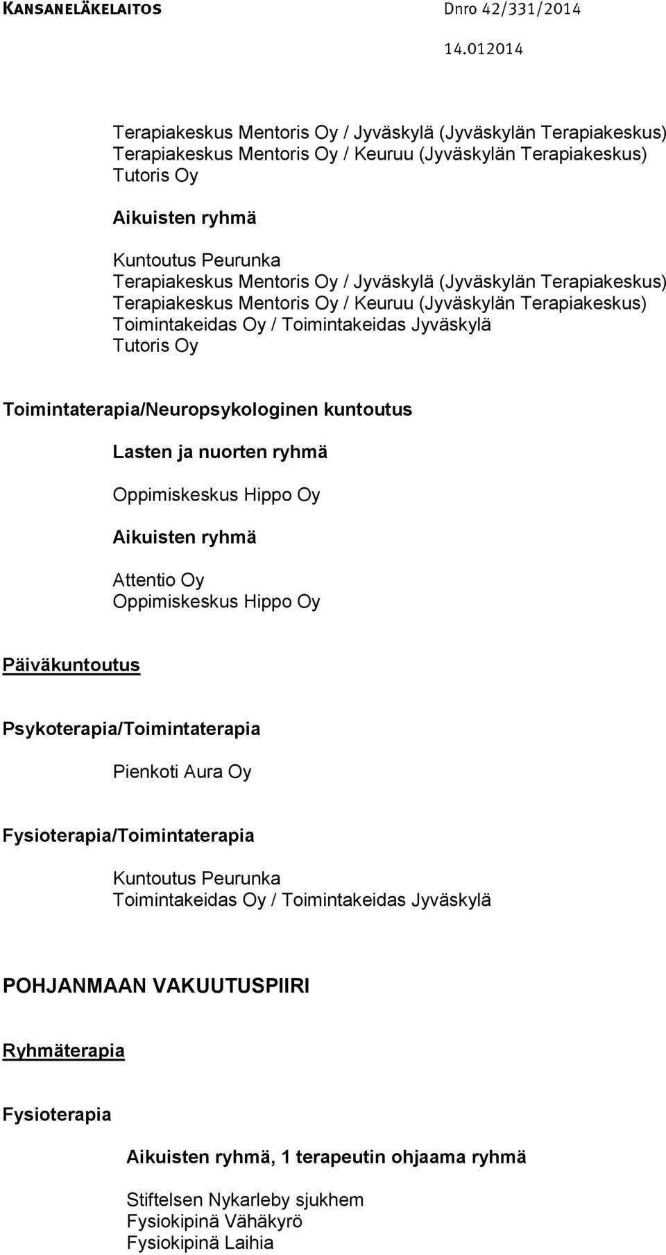 Psykoterapia/Toimintaterapia Pienkoti Aura Oy Fysioterapia/Toimintaterapia POHJANMAAN VAKUUTUSPIIRI