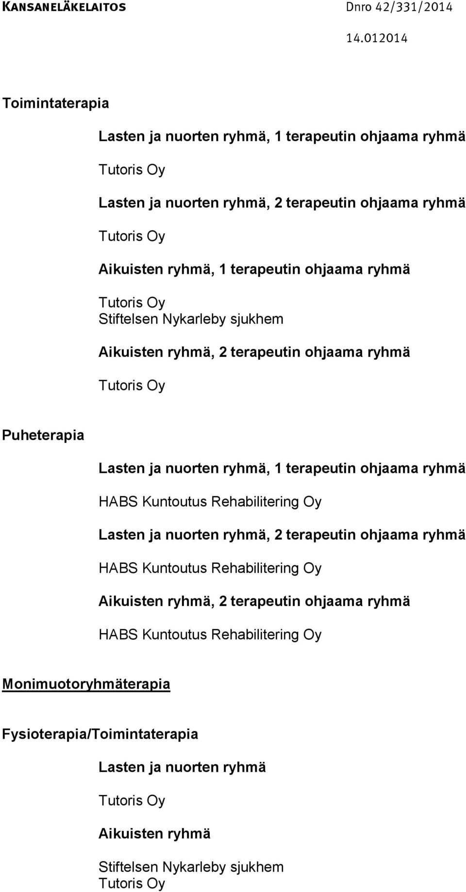 Kuntoutus Rehabilitering Oy, 2 terapeutin ohjaama ryhmä HABS Kuntoutus Rehabilitering Oy, 2 terapeutin