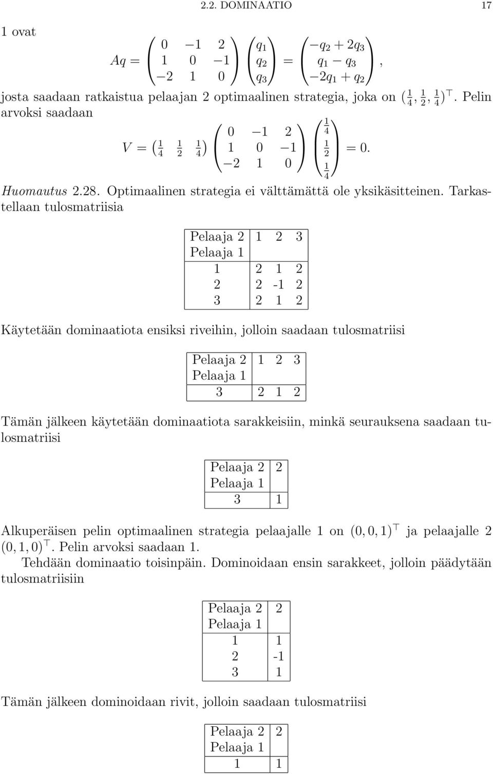 Tarkastellaan tulosmatriisia Pelaaja 2 1 2 3 Pelaaja 1 1 2 1 2 2 2-1 2 3 2 1 2 Käytetään dominaatiota ensiksi riveihin, jolloin saadaan tulosmatriisi Pelaaja 2 1 2 3 Pelaaja 1 3 2 1 2 Tämän jälkeen