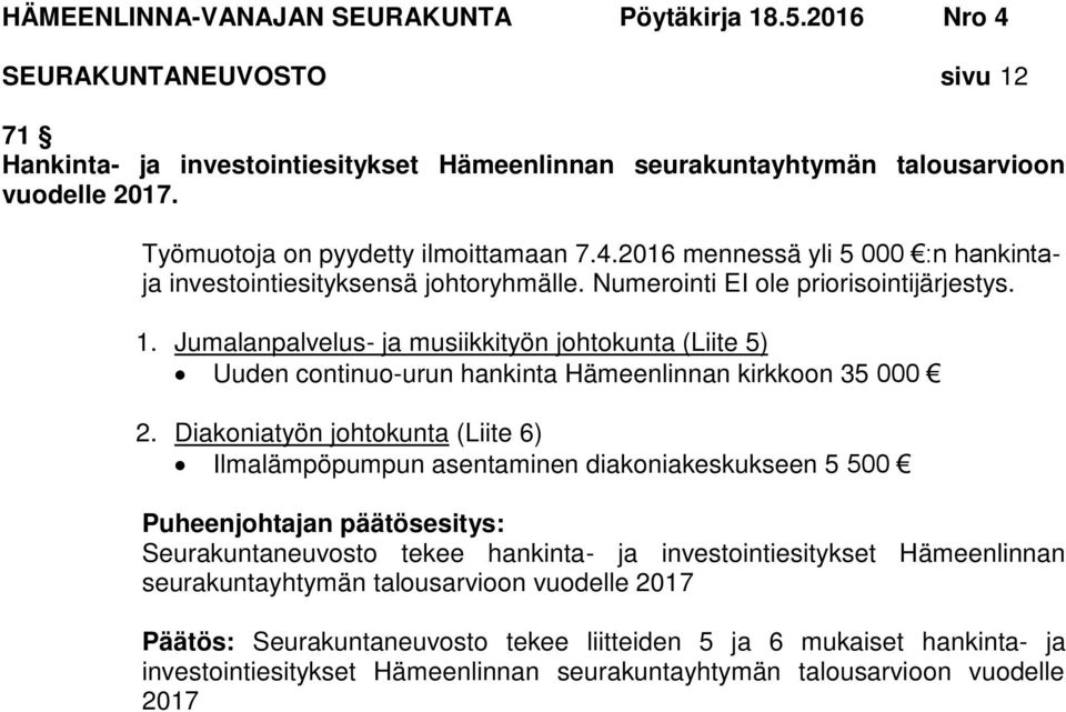 Jumalanpalvelus- ja musiikkityön johtokunta (Liite 5) Uuden continuo-urun hankinta Hämeenlinnan kirkkoon 35 000 2.