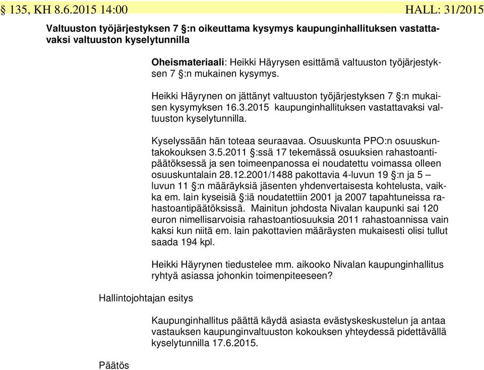 työjärjestyksen 7 :n mukainen kysymys. Heikki Häyrynen on jättänyt valtuuston työjärjestyksen 7 :n mukaisen kysymyksen 16.3.2015 kaupunginhallituksen vastattavaksi valtuuston kyselytunnilla.