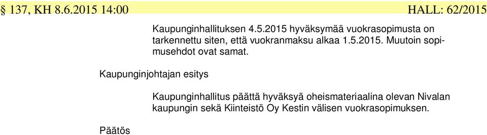 2015 hyväksymää vuokrasopimusta on tarkennettu siten, että vuokranmaksu alkaa 1.5.2015. Muutoin sopimusehdot ovat samat.