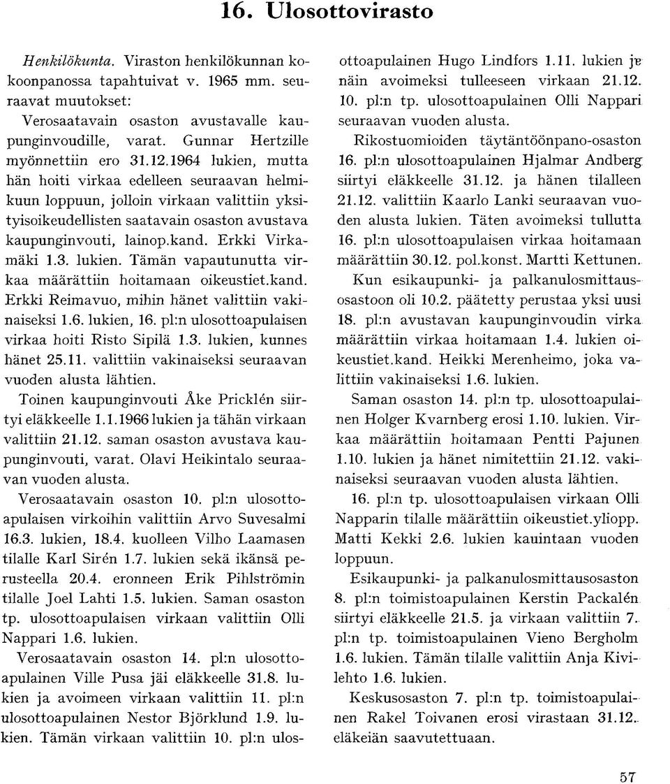 lukien. Tämän vapautunutta virkaa määrättiin hoitamaan oikeustiet.kand. Erkki Reimavuo, mihin hänet valittiin vakinaiseksi 1.6. lukien, 16. pl:n ulosottoapulaisen virkaa hoiti Risto Sipilä 1.3.
