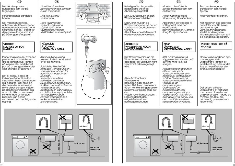 Den Zulaufschlauch an den Wasserhahn anschließen. Anslut tvättmaskinens tilloppsslang till vattenkran. Kopl vannrøret til kranen.