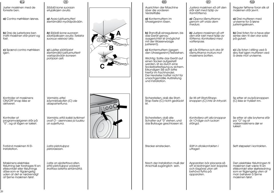 a) Öppna låsmuttrarna genom att vrida dem medurs. a) Drei mutteren med urviserne for å løsne justeringsskruen. b) Drej de justerbare ben indtil maskinen står plant og fast.