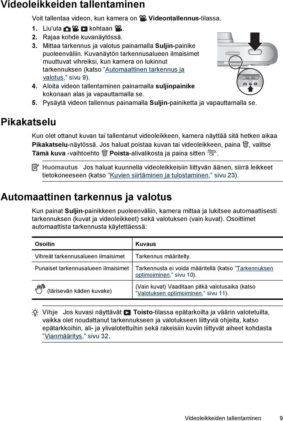 Kuvanäytön tarkennusalueen ilmaisimet muuttuvat vihreiksi, kun kamera on lukinnut tarkennuksen (katso Automaattinen tarkennus ja valotus, sivu 9). 4.