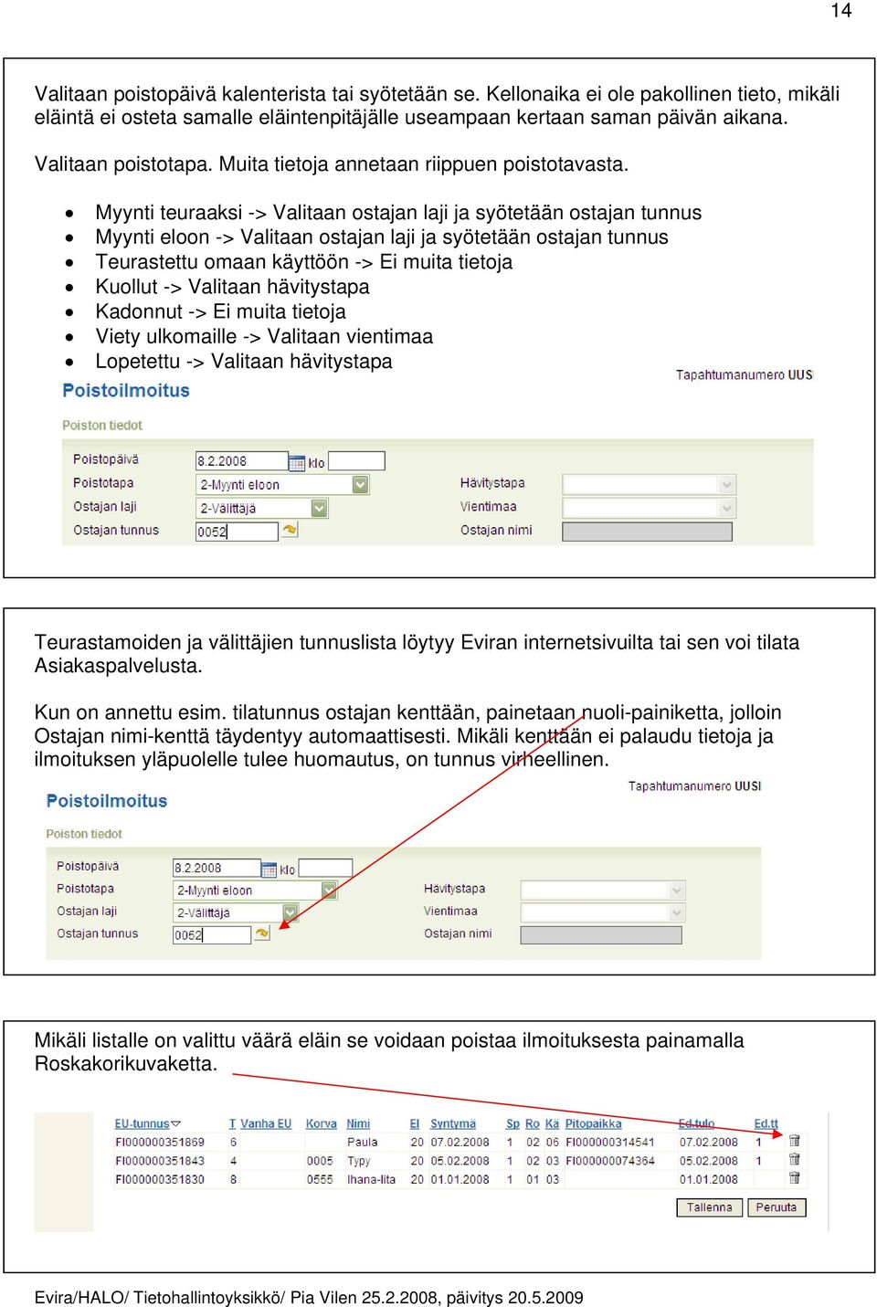 Myynti teuraaksi -> Valitaan ostajan laji ja syötetään ostajan tunnus Myynti eloon -> Valitaan ostajan laji ja syötetään ostajan tunnus Teurastettu omaan käyttöön -> Ei muita tietoja Kuollut ->