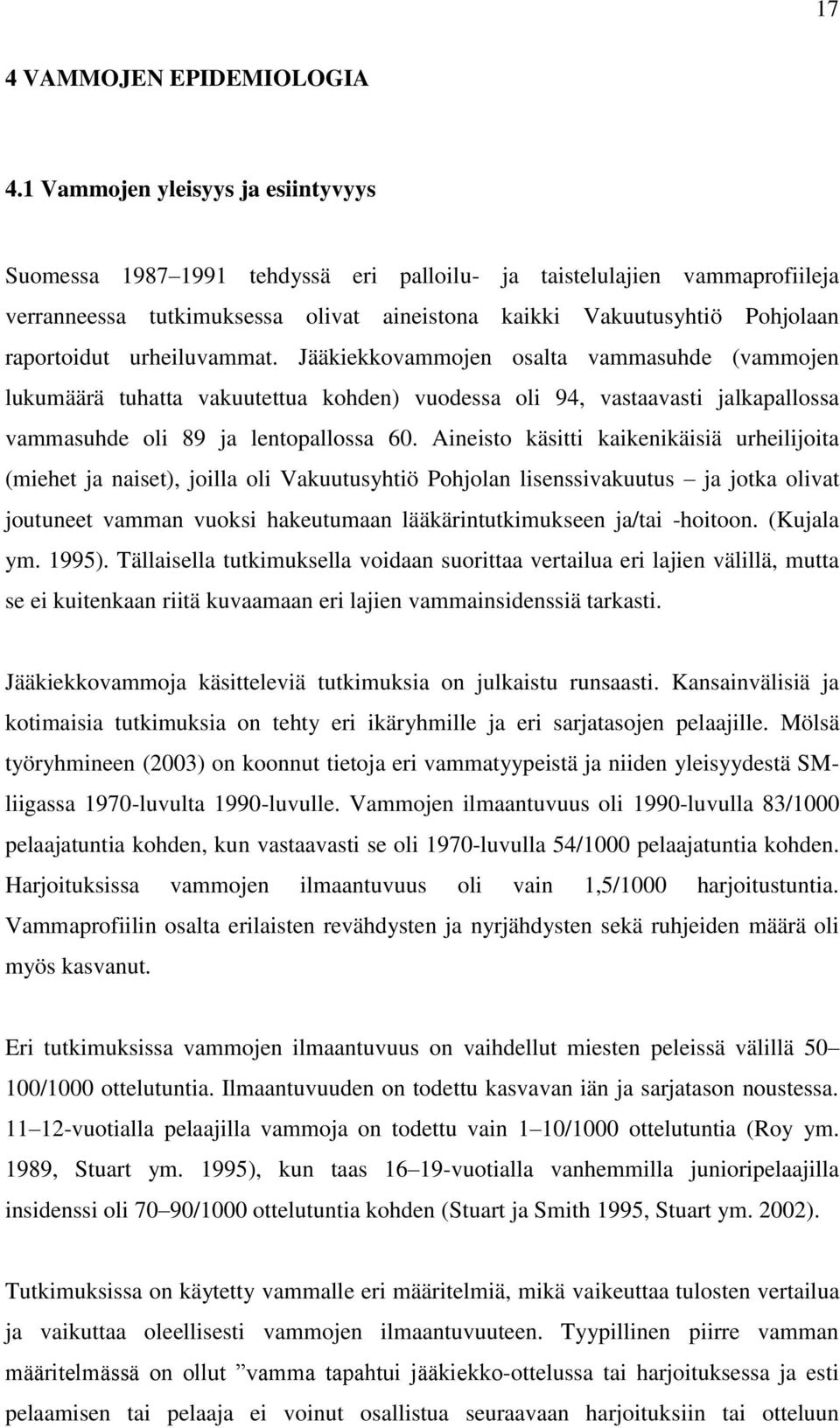 urheiluvammat. Jääkiekkovammojen osalta vammasuhde (vammojen lukumäärä tuhatta vakuutettua kohden) vuodessa oli 94, vastaavasti jalkapallossa vammasuhde oli 89 ja lentopallossa 60.