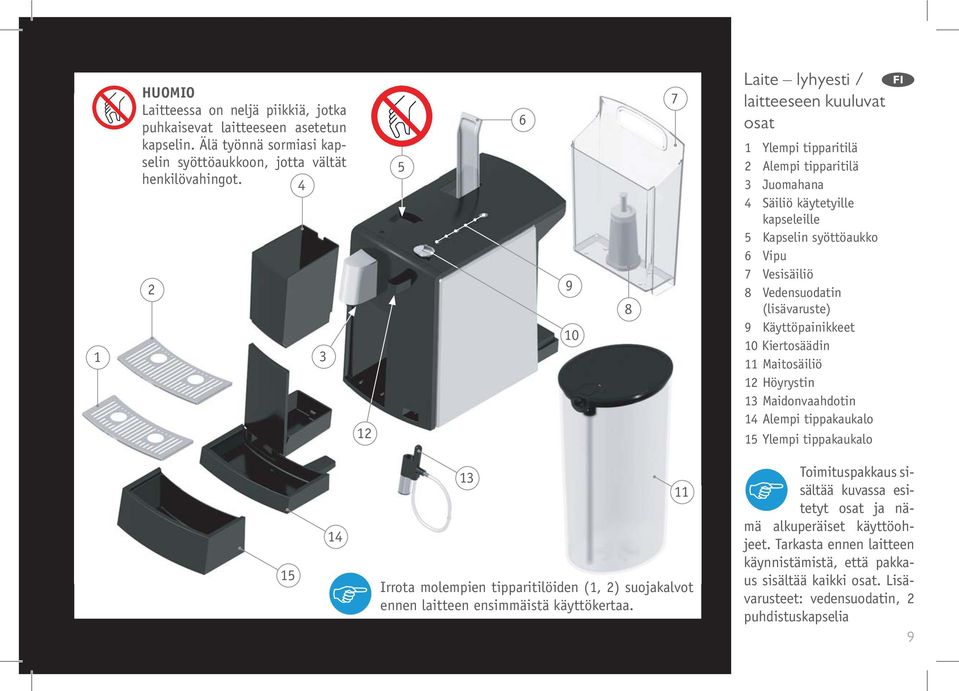 Vedensuodatin (lisävaruste) 9 Käyttöpainikkeet 10 Kiertosäädin 11 Maitosäiliö 12 Höyrystin 13 Maidonvaahdotin 14 Alempi tippakaukalo 15 Ylempi tippakaukalo FI 15 14 13 11 Irrota molempien