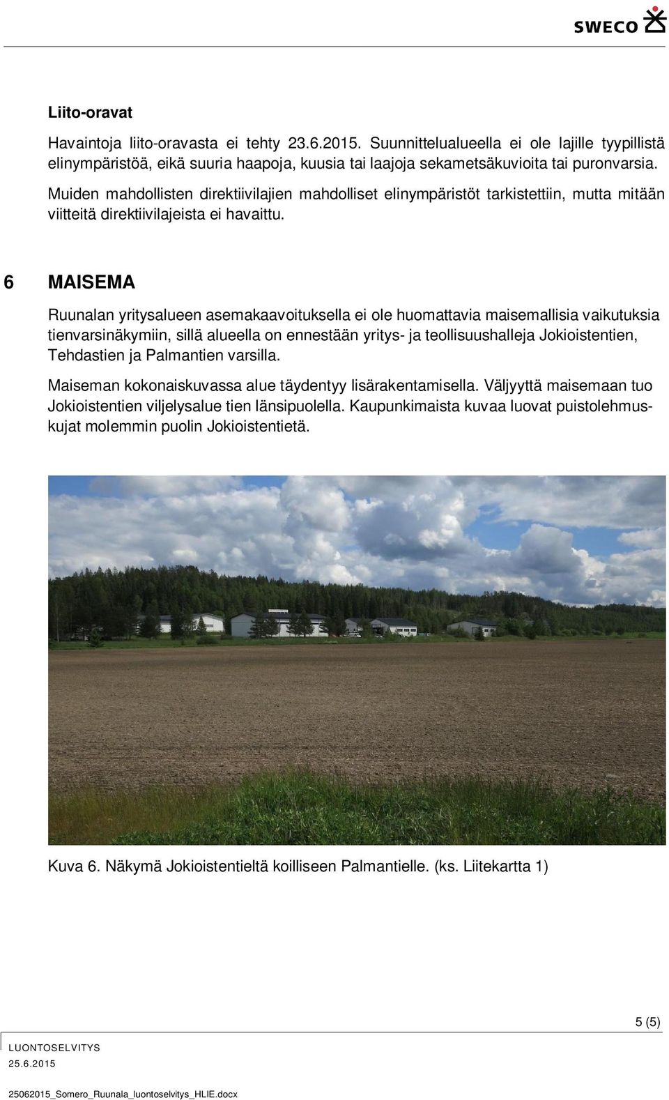 6 MAISEMA Ruunalan yritysalueen asemakaavoituksella ei ole huomattavia maisemallisia vaikutuksia tienvarsinäkymiin, sillä alueella on ennestään yritys- ja teollisuushalleja Jokioistentien, Tehdastien