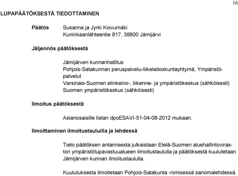 (sähköisesti) Asianosaisille listan dpoesavi-51-04-08-2012 mukaan.