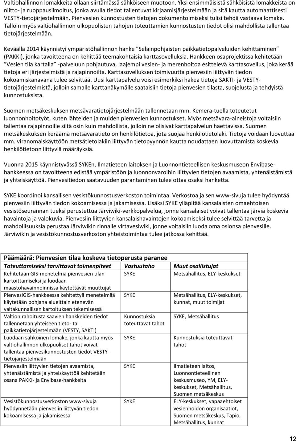 Pienvesien kunnostusten tietojen dokumentoimiseksi tulisi tehdä vastaava lomake.