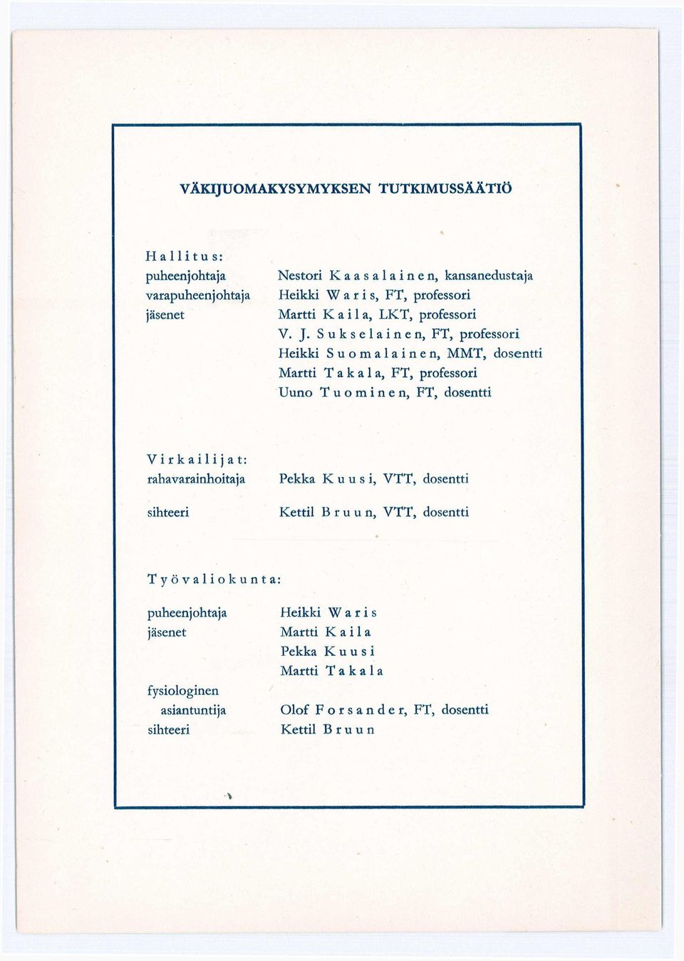 Sukselainen, FT, professori Heikki Suomalainen, MMT, dosentti Martti Takala, FT, professori Uuno Tuominen, FT, dosentti Virkailijat: