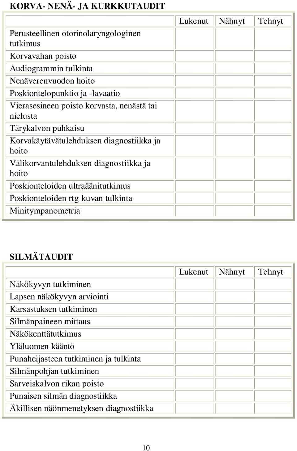 ultraäänitutkimus Poskionteloiden rtg-kuvan tulkinta Minitympanometria SILMÄTAUDIT Näkökyvyn tutkiminen Lapsen näkökyvyn arviointi Karsastuksen tutkiminen Silmänpaineen